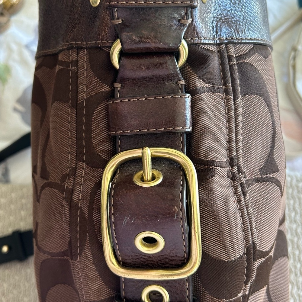 Coach Brown Signature Jacquard Shoulder Bag with Brass Hardware